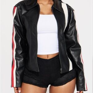 Black Leather Jacket with Red and White Stripes